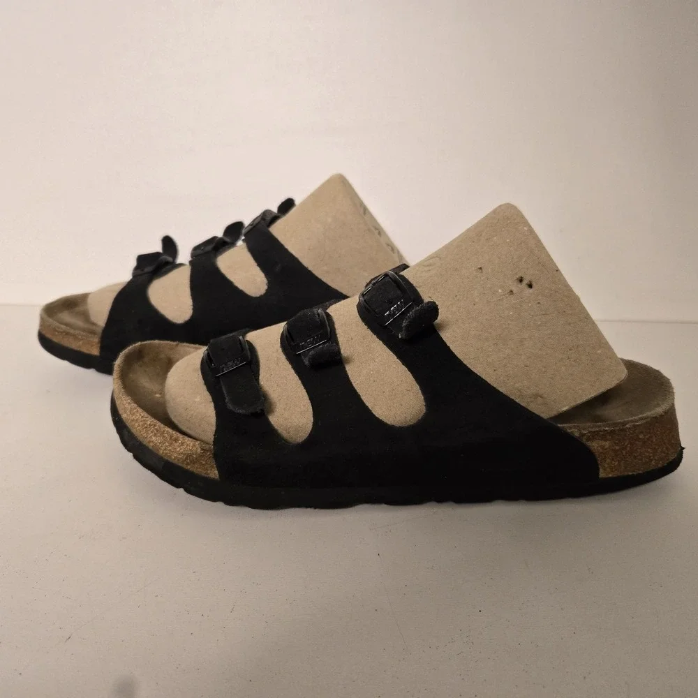 Birkenstocks Newalk Women's Size 7.5 38 Black Leather Suede Triple Strap Sandals - Picture 3 of 9